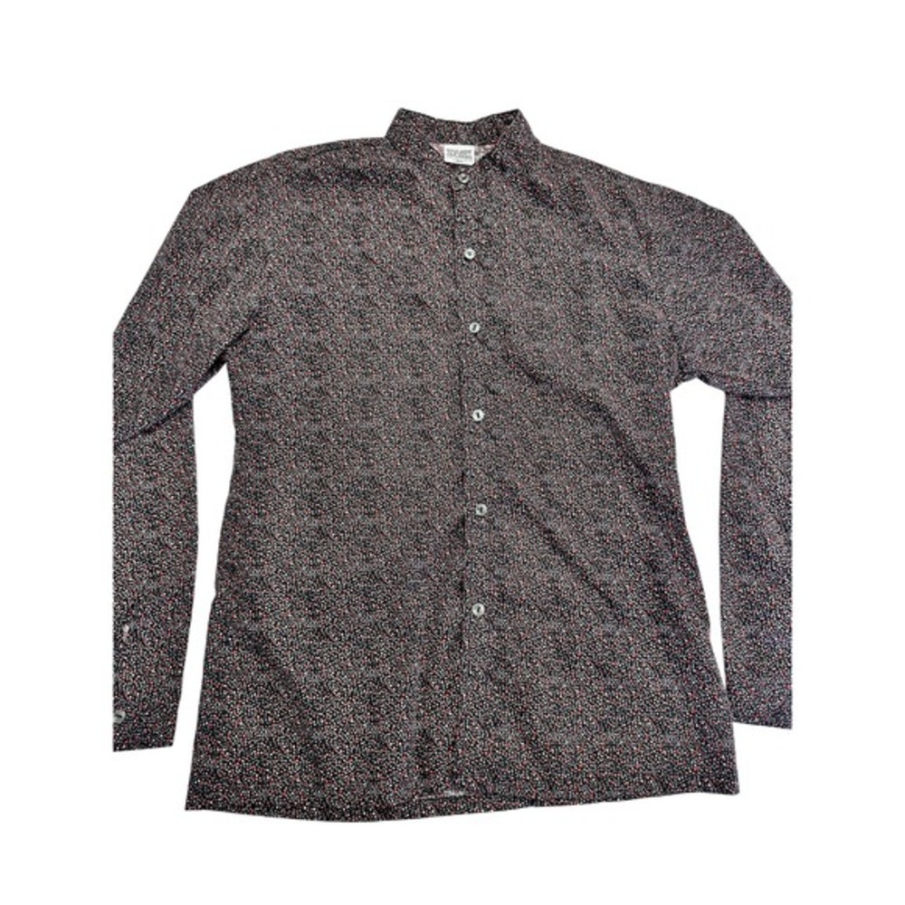 Vtg 90s Black Dot Print Long Sleeve Button Up Shirt Mandarin Collar Women's Sz M